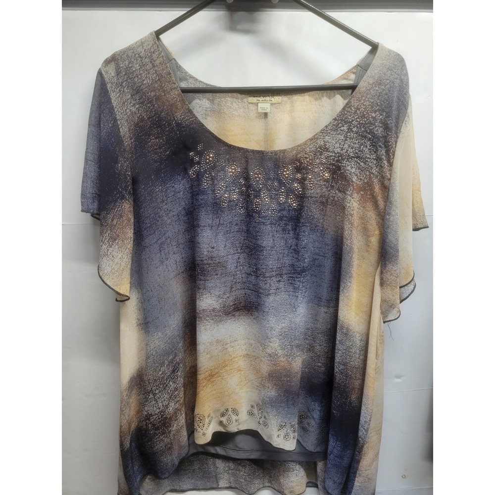 One World Womens 3X Blue Tan Abstract Watercolor Rhinestone Scoop Neck Blouse